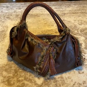 Jessica Simpson funky hobo purse with fur accents